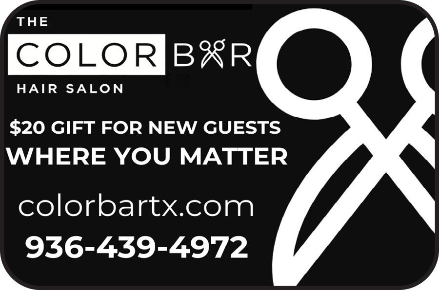 Black hair salon ad for The Color Bar, $20 new guest gift, website and phone number on black background