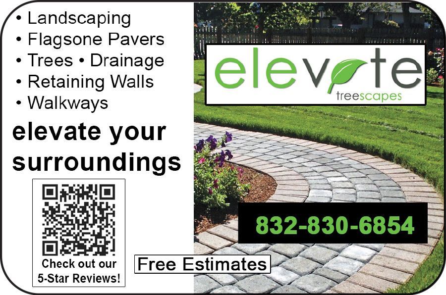 Landscape company ad with logo, services list, walkway photo, QR code, and phone number 832-830-6854