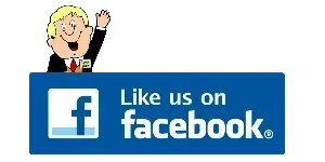 Cartoon man waving above a blue Facebook 