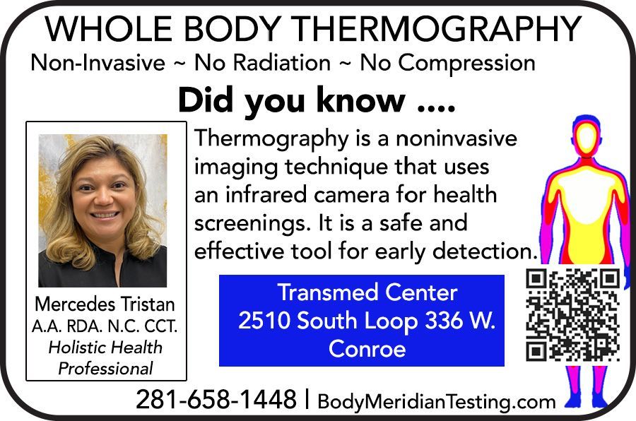 Whole body thermography ad with clinician photo, body silhouette, blue location box, and contact info