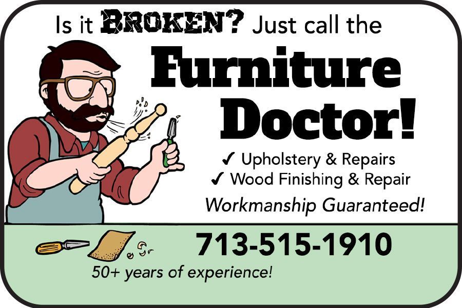 Furniture Doctor ad with cartoon handyman, tools, repair services, and phone number 713-515-1910
