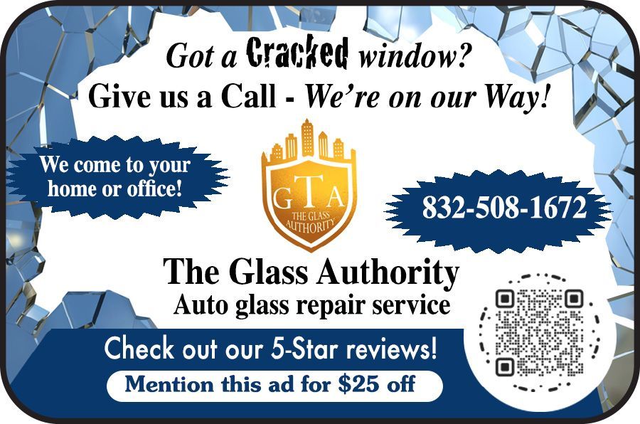 The Glass Authority auto glass repair ad with cracked window, call 832-508-1672, QR code, and $25 off offer