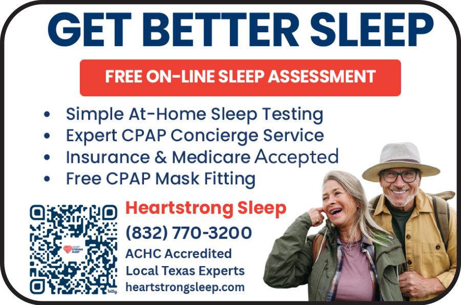 Get Better Sleep ad with free online sleep assessment, CPAP services, QR code, and smiling couple outdoors