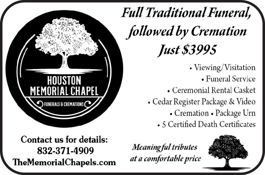 Houston Memorial Chapel funeral ad with cremation price, services, contact info, and funeral graphics