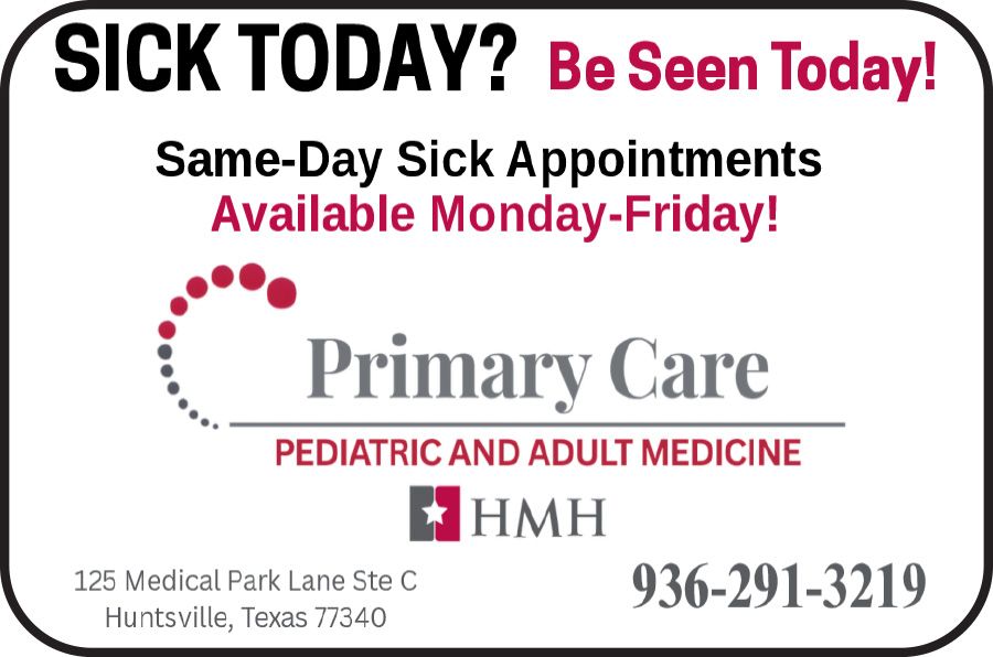 Advertisement for Primary Care clinic: Same-day sick appointments. Features logo, address, and phone number.