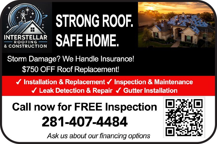 Interstellar Roofing & Construction advertisement with $750 off offer, services, phone number, and QR code.