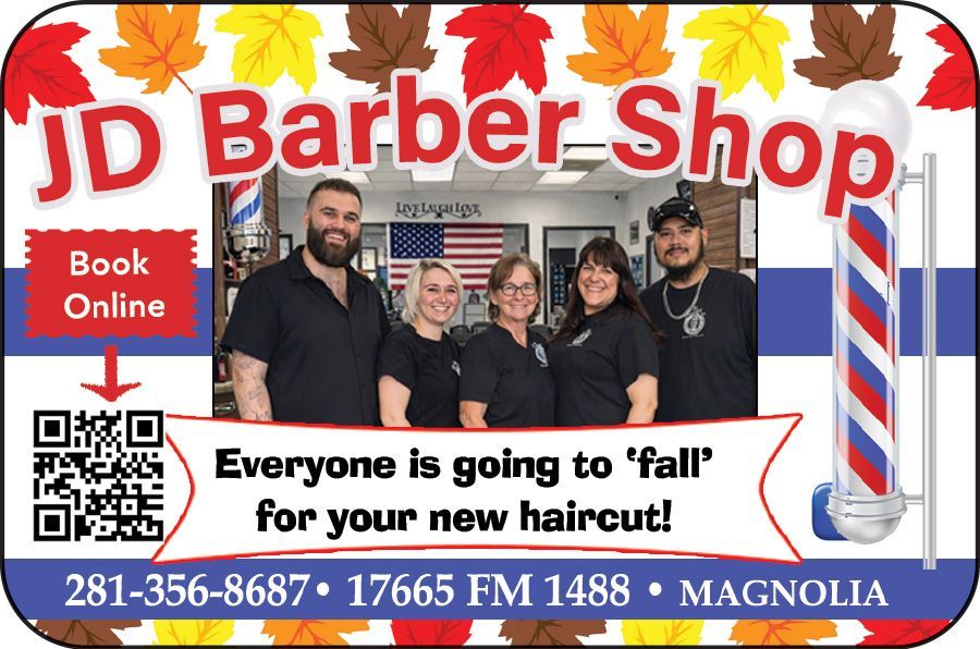 JD Barber Shop ad with team photo, red-white-blue striped pole, QR code, and “Everyone is going to ‘fall’ for your new haircut!”