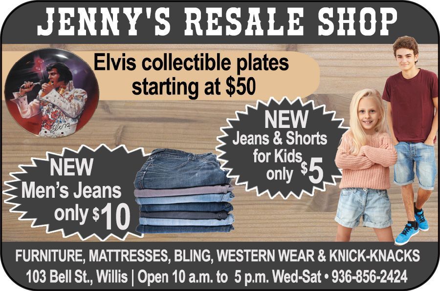 Jenny's Resale Shop ad for Elvis plates, men's jeans, and kids' jeans; Willis, open Wed-Sat.