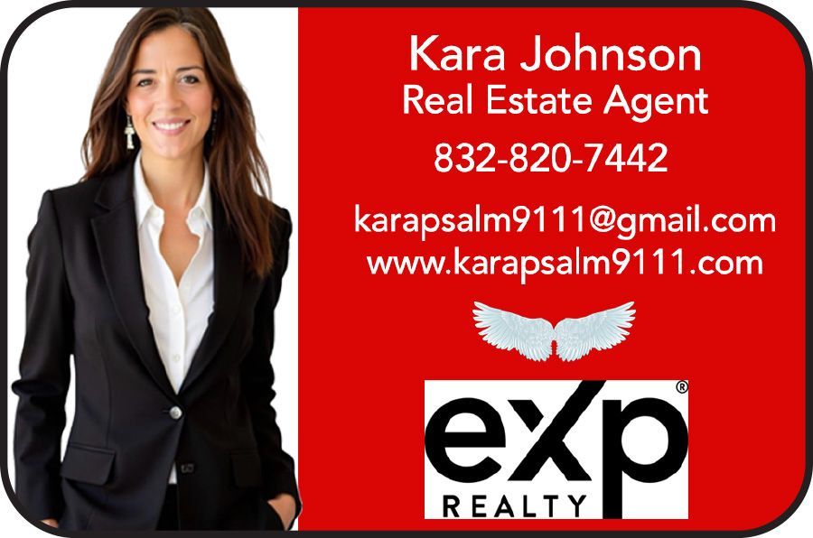 Business card for real estate agent Kara Johnson with her photo, phone, email, website, and the eXp Realty logo.