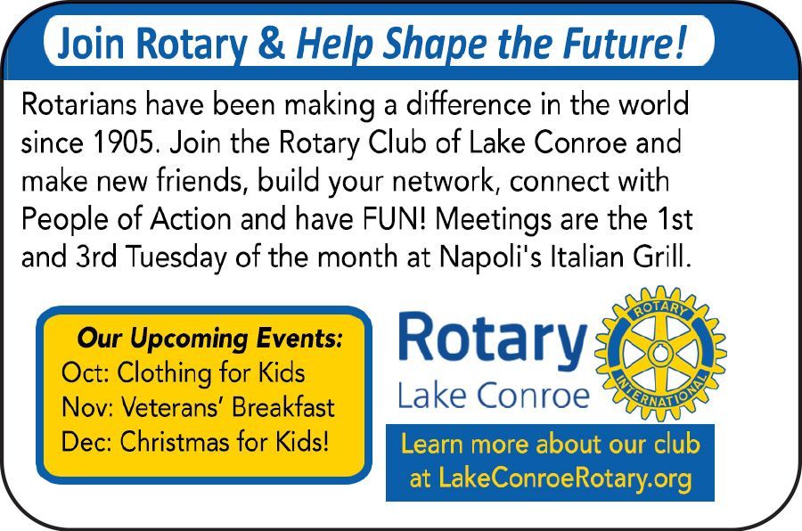 Rotary Club of Lake Conroe event flyer with blue, white and yellow text and a Rotary logo; meeting dates and events listed