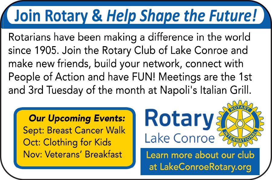 Rotary Club of Lake Conroe flyer with meeting times and upcoming events on a blue-and-yellow background