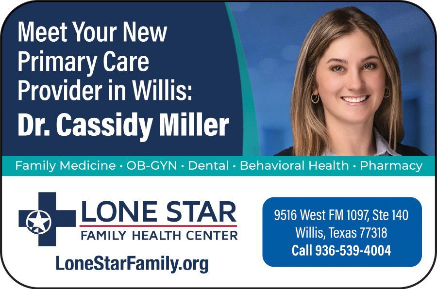 Dr. Cassidy Miller primary care provider ad with portrait, Lone Star Family Health Center, Willis, Texas