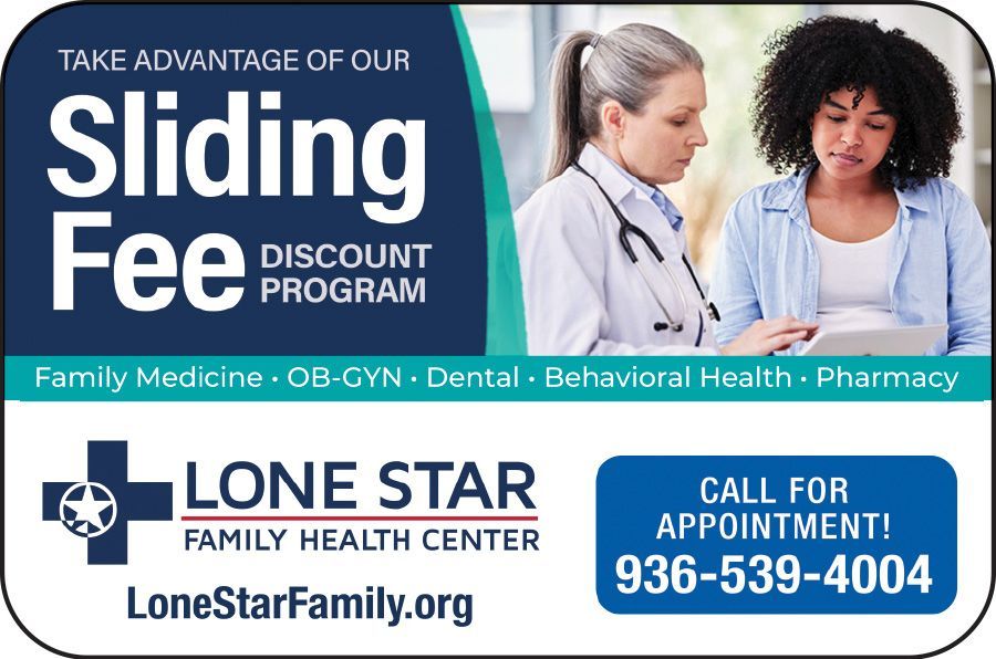 Lone Star Family Health Center sliding fee discount program ad with appointment phone number and healthcare services