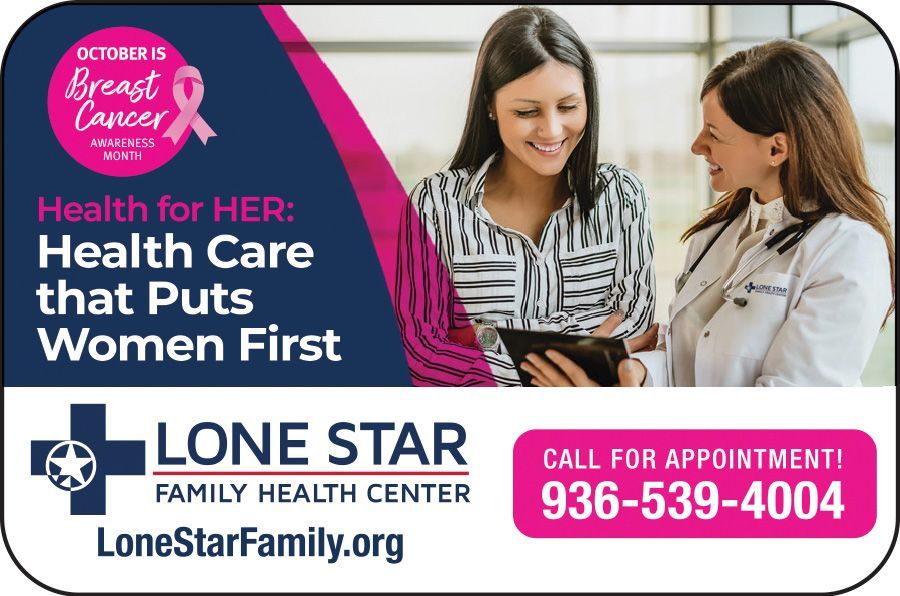 Lone Star Family Health Center ad for women’s health care, with two women and appointment phone number 936-539-4004