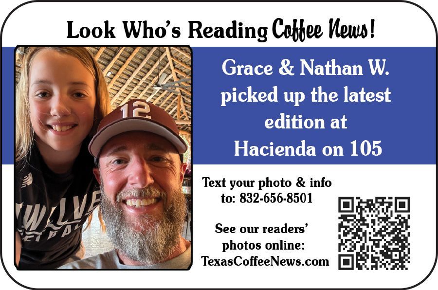 Grace & Nathan W. read Coffee News at Hacienda 105, with a photo and QR code on a blue ad.