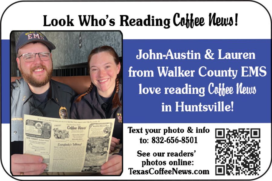 Walker County EMS holding Coffee News, with text promoting Huntsville readers and a QR code