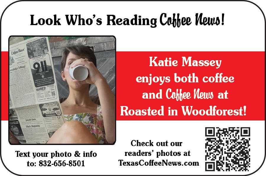 Promotional ad with woman reading Coffee News, holding a mug, red text panel, and QR code.