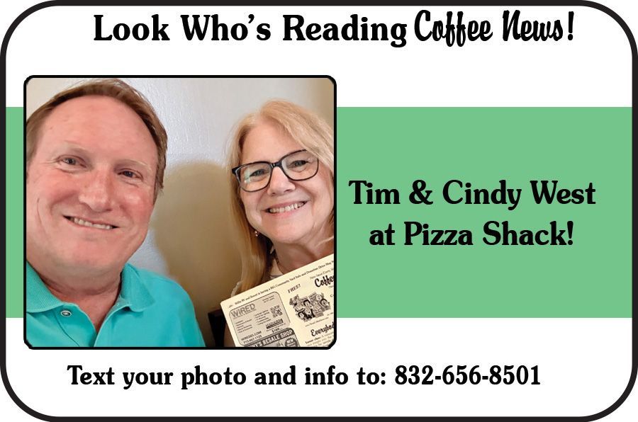 Tim and Cindy West smiling at Pizza Shack; text reads “Look Who’s Reading Coffee News!”