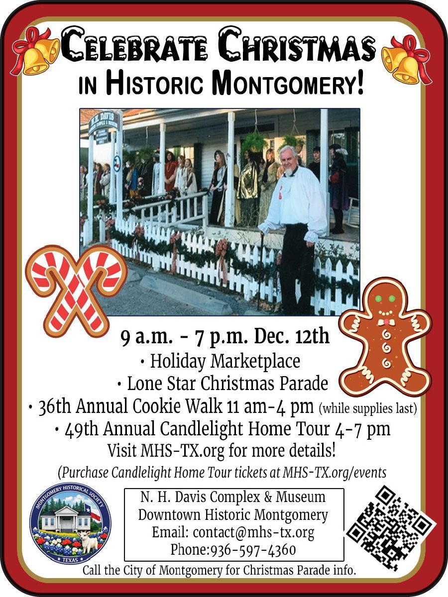 Montgomery Historical Society upcoming events poster with historic photos and Christmas holiday tour details