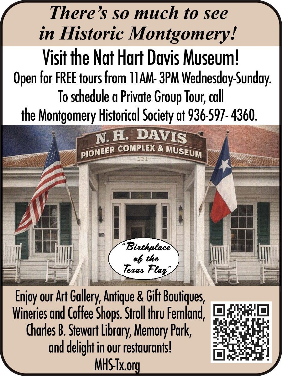 Montgomery Historical Society flyer with mission statement, website info, events, and contact details on tan background
