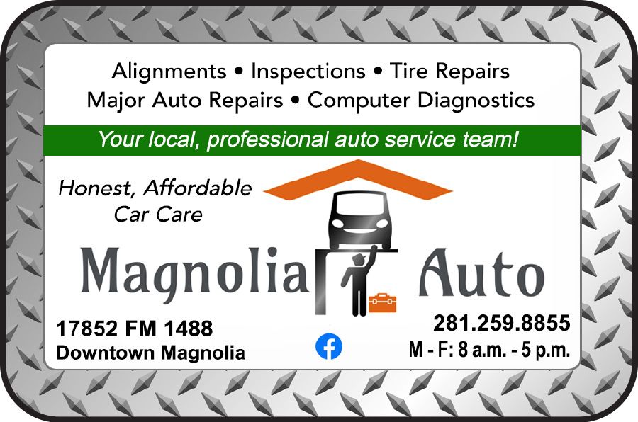 Magnolia Auto service ad with white and green banner, mechanic icon, logo, address, phone number, and hours.