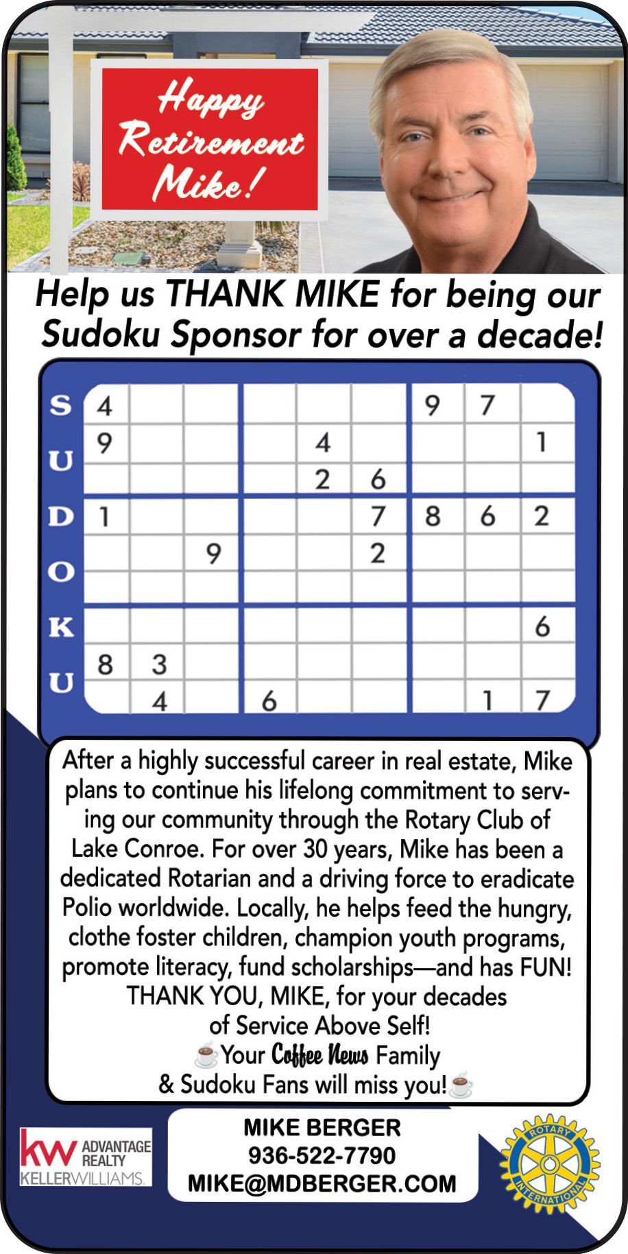 Thank you Mike Sudoku sponsor poster with a Sudoku grid, red thank-you box, and contact details at the bottom