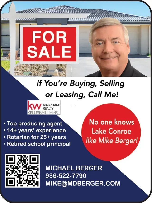 Real estate for sale ad with agent Michael Berger, red “FOR SALE” sign, and contact details for Lake Conroe.