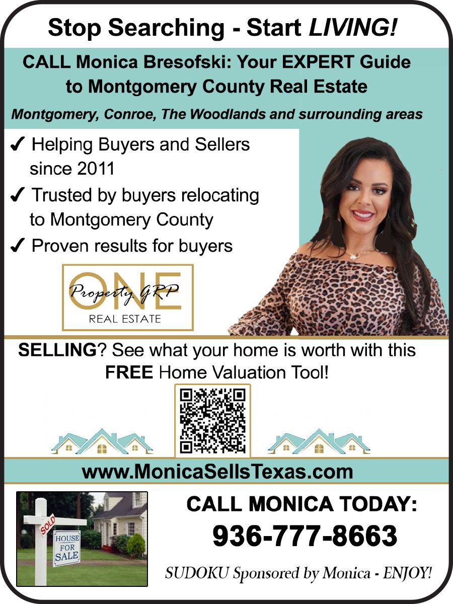 Real estate ad. Monica Bresofski with a luxury home image. Offers buying/selling/leasing homes. QR code and website.