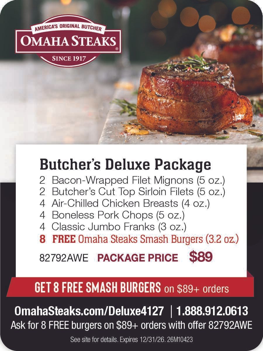 Omaha Steaks Butcher’s Deluxe Package ad with steak, burgers, side dishes, and sale price