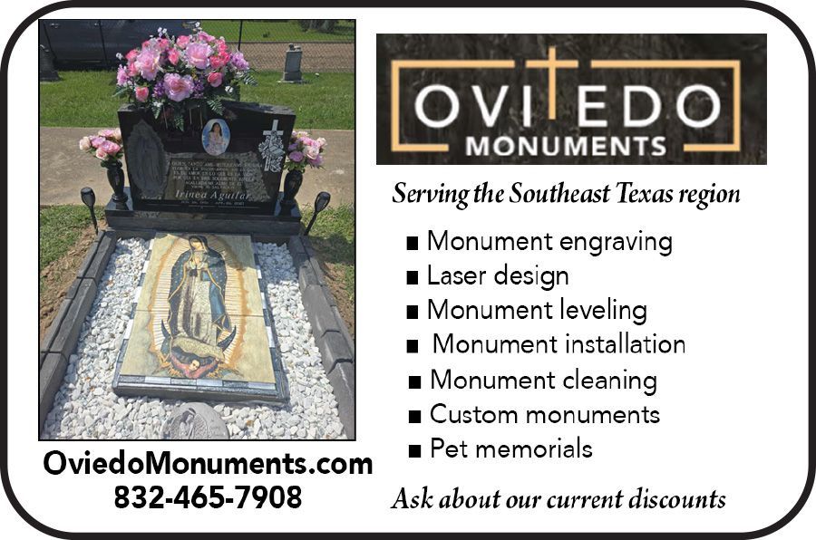 Advertisement for Oviedo Monuments showing a grave marker with a religious image, services list, phone number, and URL.