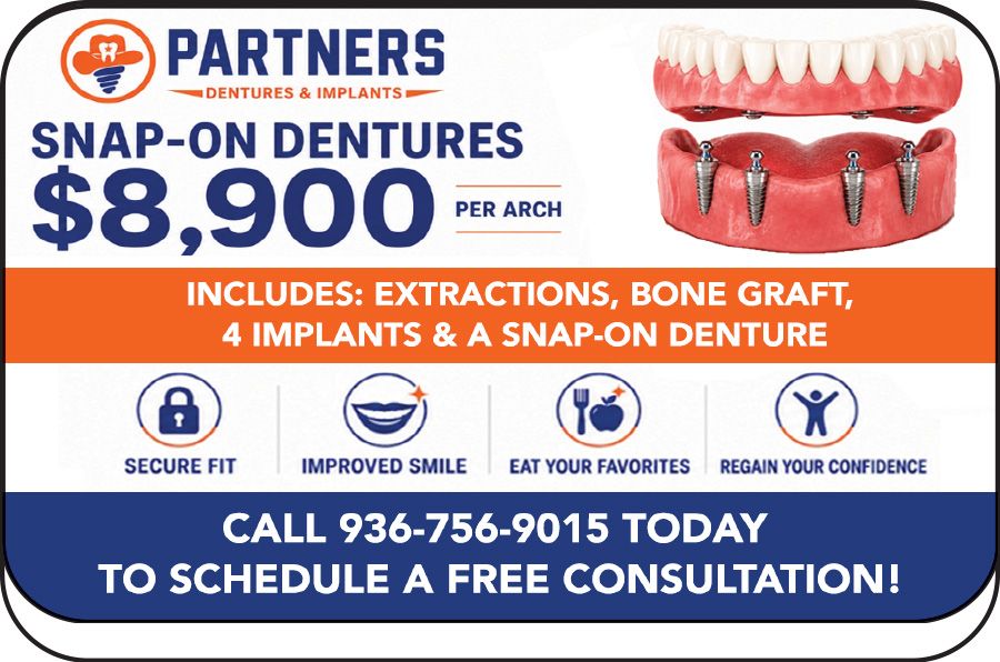 Partners dental ad for snap-on dentures, $8,900 per arch, includes extractions, bone graft and 4 implants.