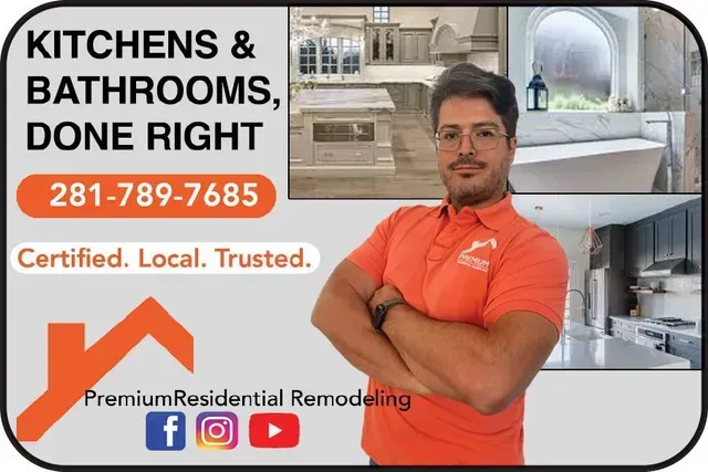 Kitchen and bathroom remodeling ad with orange logo, contact number, and contractor in an orange shirt before renovation photos