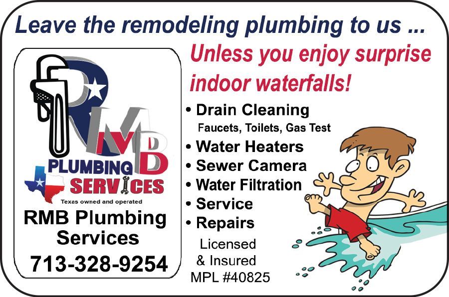 RMB Plumbing Services ad with plumber icon, leak list, boy under dripping faucet, and 713-328-9254.