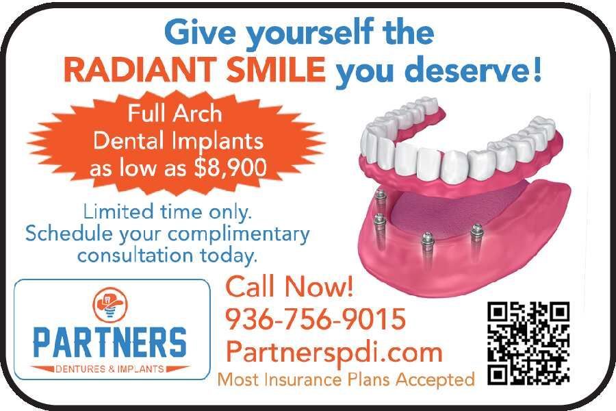 Dental ad for radiant smile: full arch implants from $8,900, Partners logo, phone number, website, and QR code