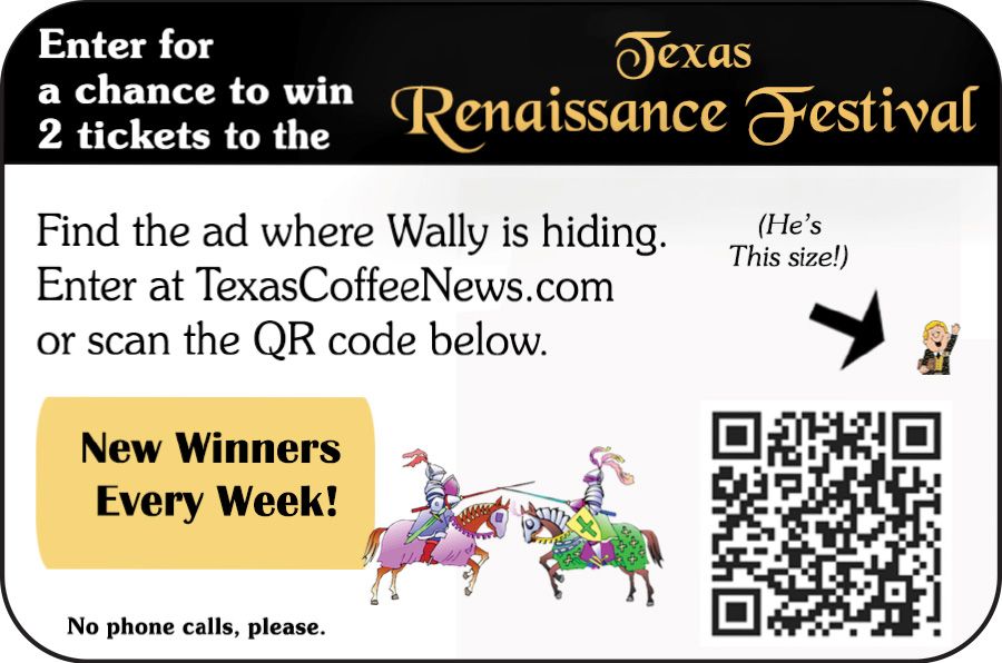 Texas Renaissance Festival giveaway ad with QR code, Wally hint, and “New Winners Every Week” banner