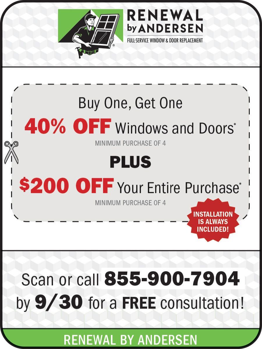 Renewal by Andersen ad offering 40% off windows and doors plus $200 off purchase, call 855-900-7904 by 9/30