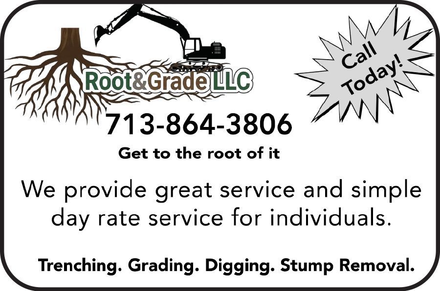 Root & Grade LLC service ad with phone number, “Call Today,” and trenching, grading, digging, stump removal services.