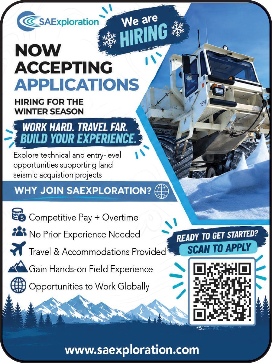 Snowexploration hiring poster for winter season with a snowcat, benefits list, and QR code.