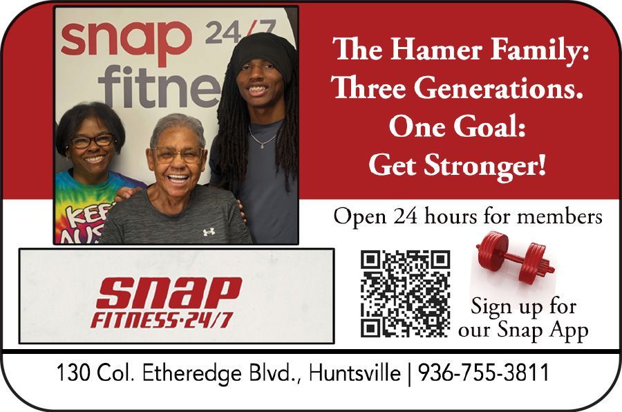 Snap Fitness 24/7 gym ad with two people, “newly remodeled gym” text, QR code, and Huntsville location info