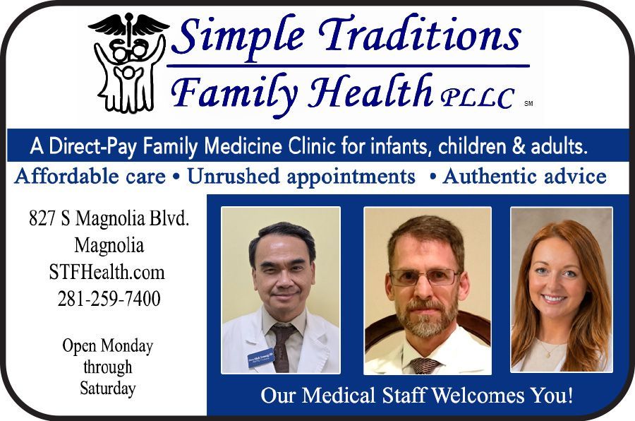 Simple Traditions Family Health clinic ad with staff photos, blue-and-white design, and contact details