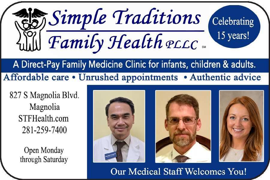 Simple Traditions Family Health clinic ad with staff photos, blue-and-white design, and contact details