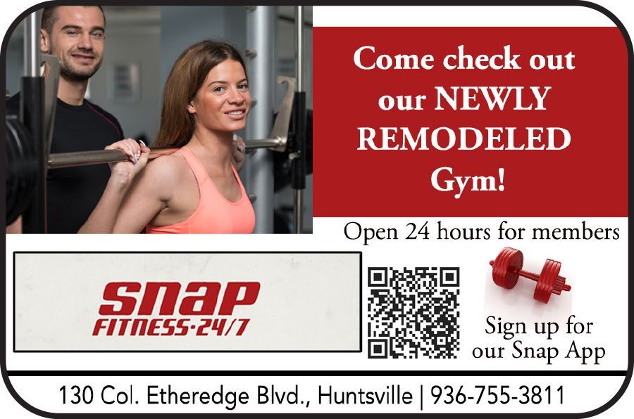 Snap Fitness 24/7 gym ad with two people, “newly remodeled gym” text, QR code, and Huntsville location info