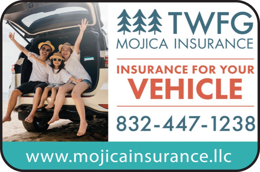 MojiCa Insurance ad with family in a car, “Insurance for your vehicle,” phone number and website.