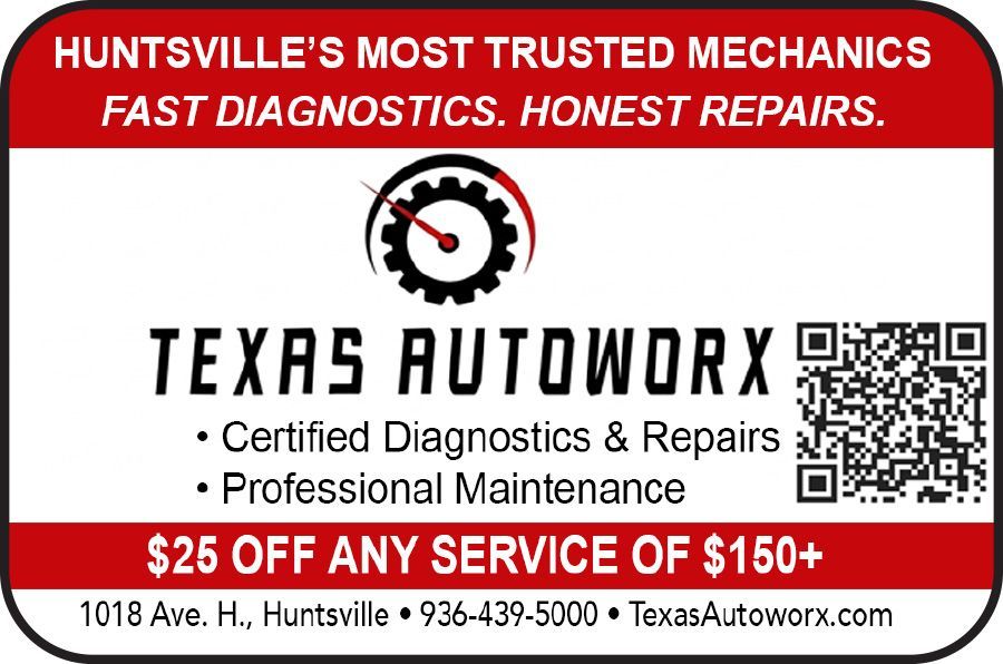 Texas Autoworx auto repair ad with red banner, logo, services list, QR code, and discount offer