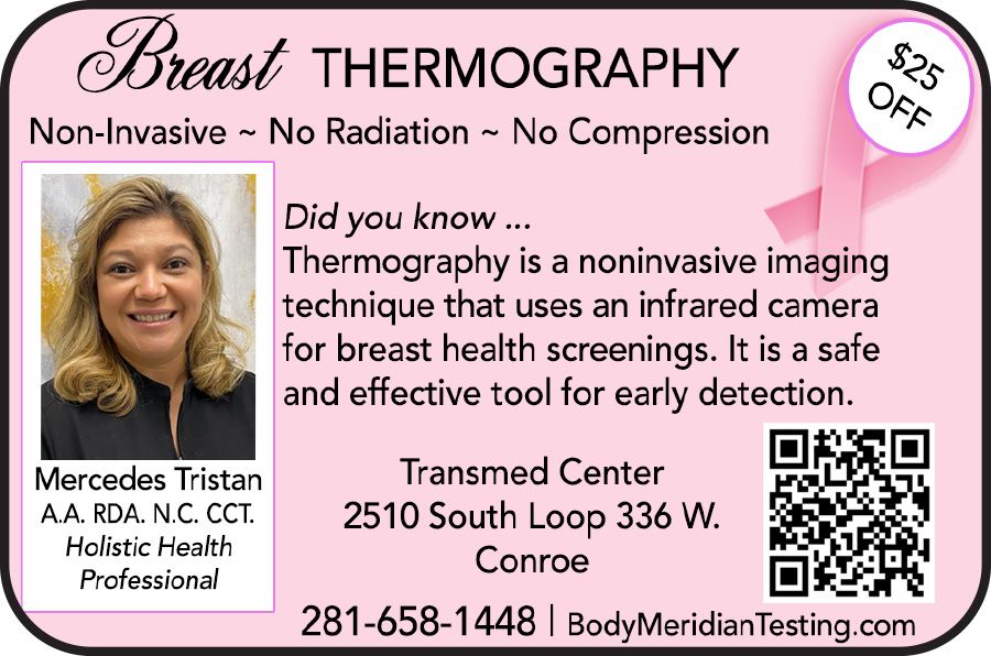 Whole body thermography ad with clinician photo, body silhouette, blue location box, and contact info