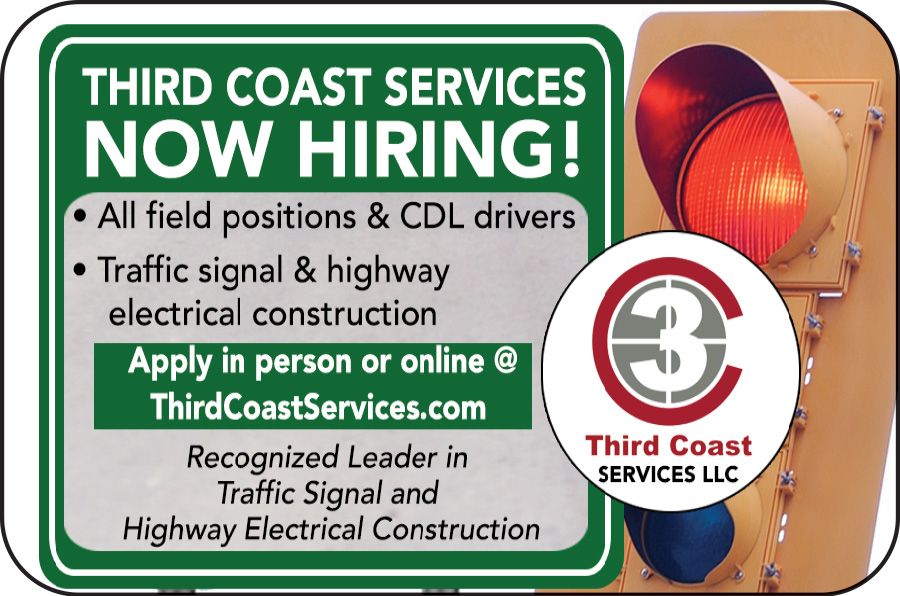 Third Coast Services hiring sign for CDL drivers and traffic signal/highway electrical construction, with red beacon and logo.