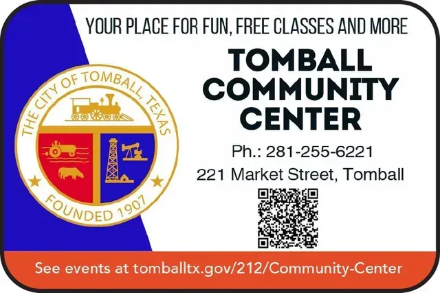 Tomball Community Center ad with city seal, address, phone, website, and QR code on white and red background