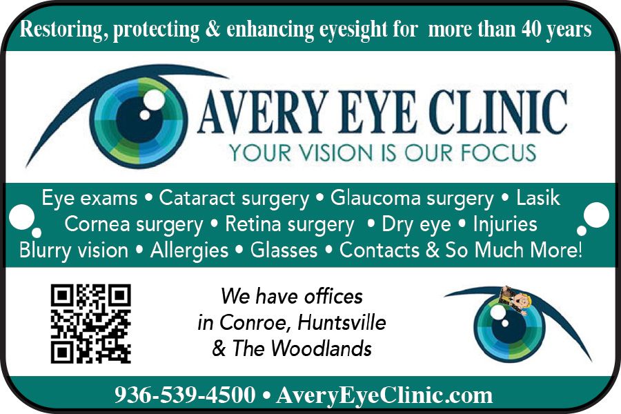 Avery Eye Clinic banner ad with logo, eye services, locations, QR code, and website on teal and white background