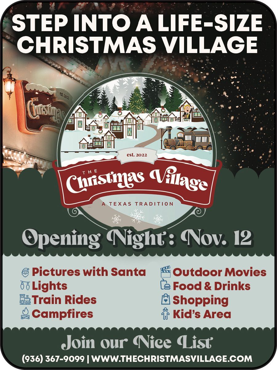Christmas village event poster with “Opening Night: Nov. 12,” snowy holiday scene, and listed attractions.