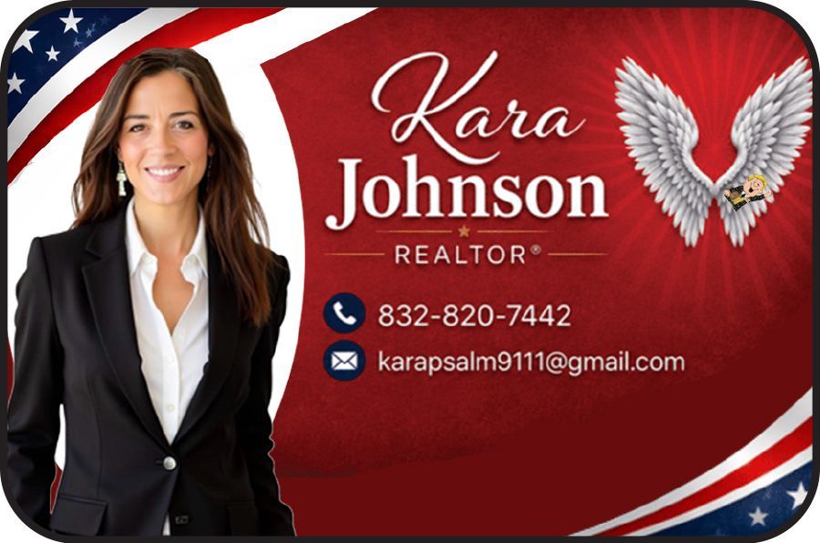 Business card for real estate agent Kara Johnson with her photo, phone, email, website, and the eXp Realty logo.